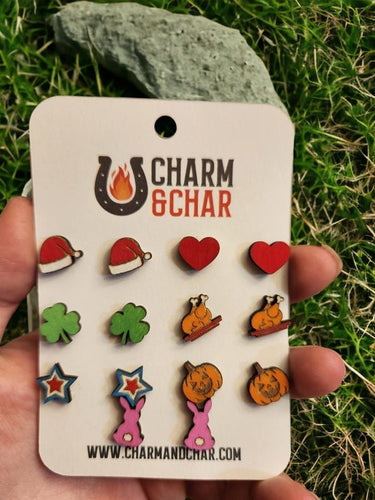 Holiday Wood Stud Earrings - Holiday Fashion Earring Set - Stud Earring - Charm and Char